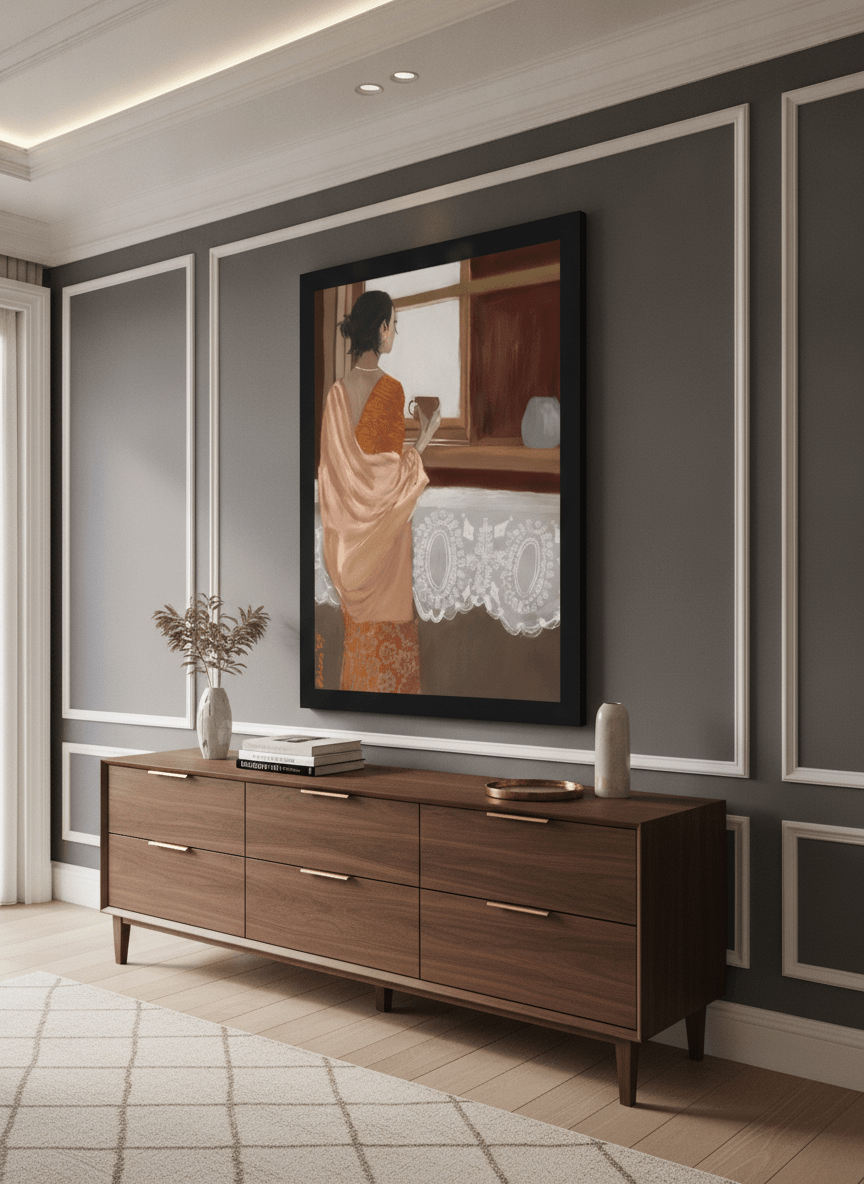 Monumental artwork centred on a feature wall in a luxe interior