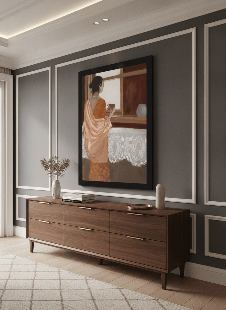 Monumental artwork centred on a feature wall in a luxe interior