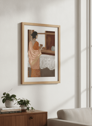 Artwork displayed above a credenza in a real-looking contemporary home