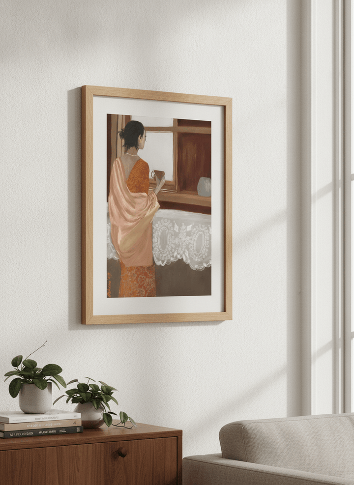 Artwork displayed above a credenza in a real-looking contemporary home