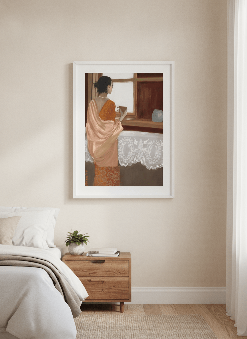 Minimalist artwork displayed in a calm, light-filled bedroom interior
