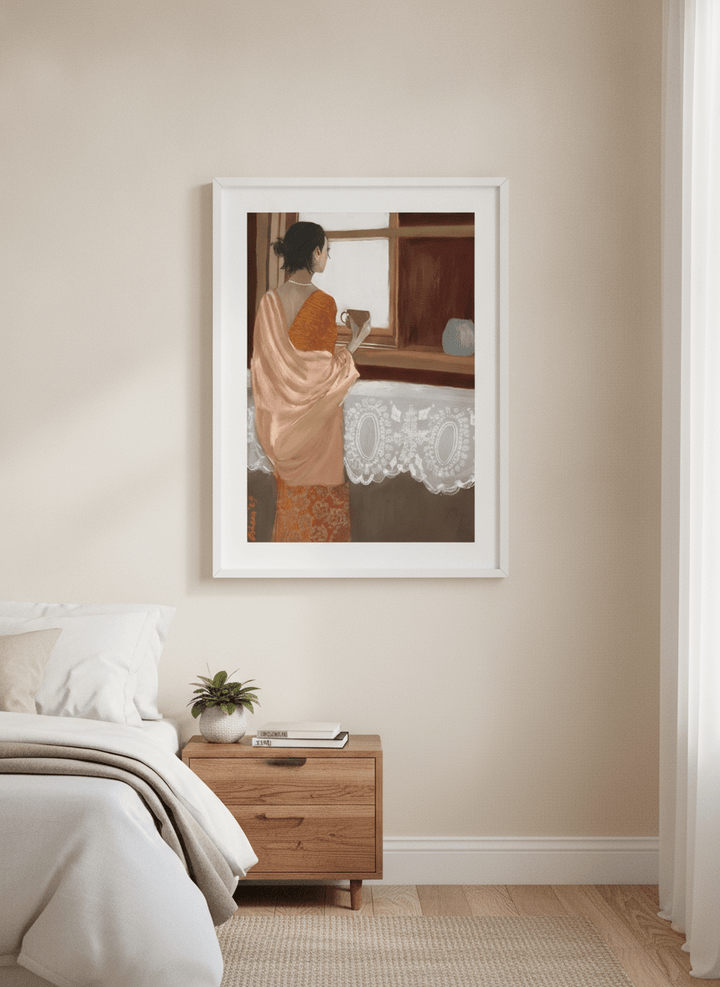 Minimalist artwork displayed in a calm, light-filled bedroom interior
