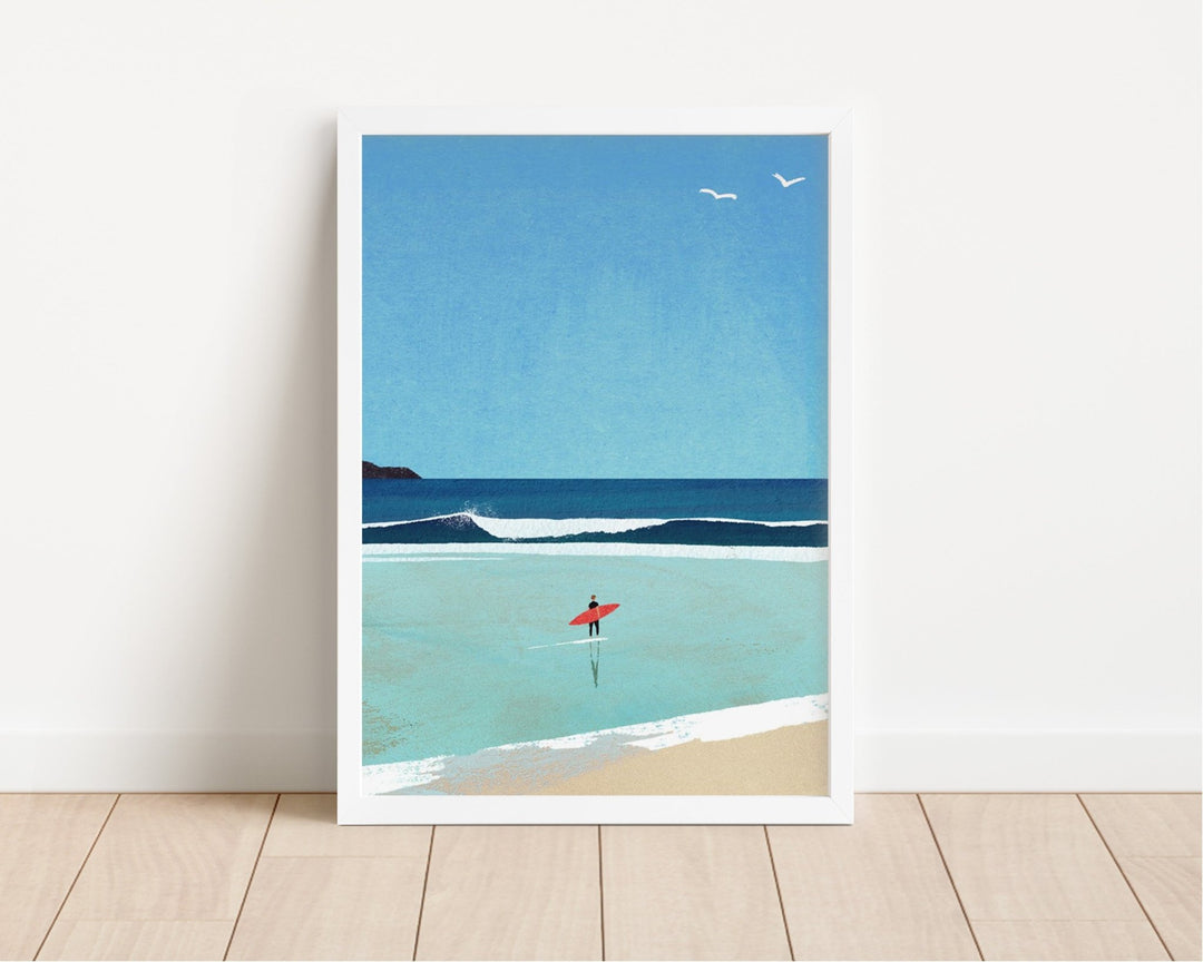 artwork of a beach scene with a person with a red surfboard, blue sky, and ocean.