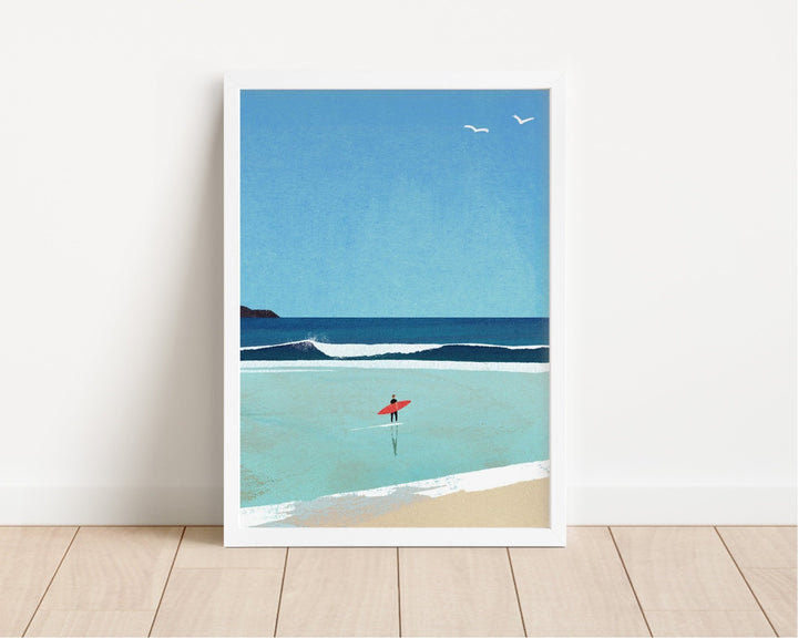 artwork of a beach scene with a person with a red surfboard, blue sky, and ocean.