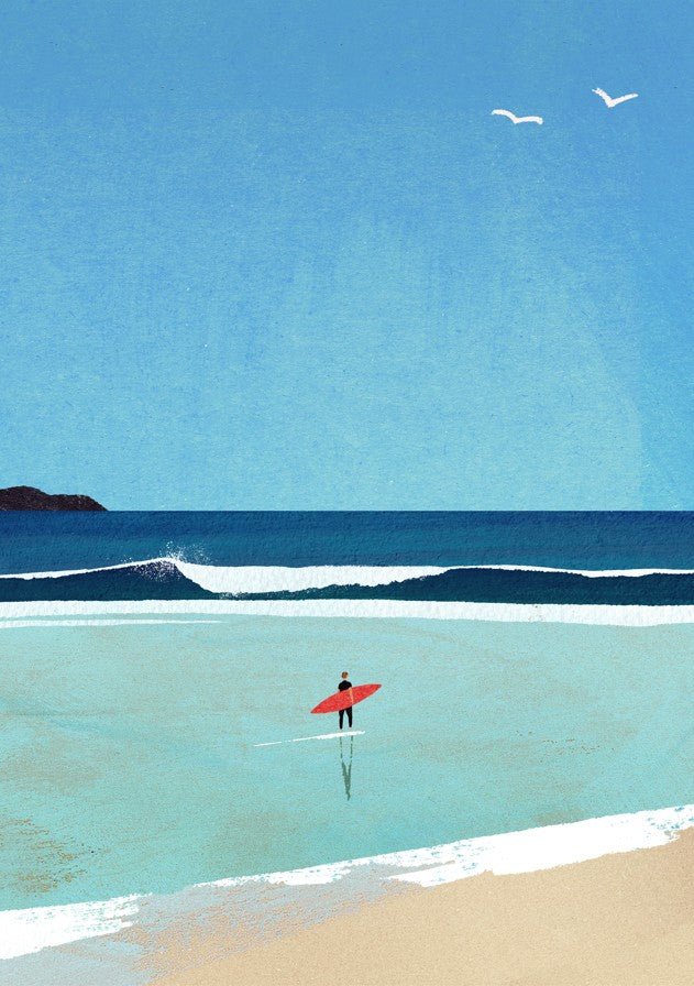 Person with a red surfboard standing in shallow water at the beach under a clear blue sky. framed