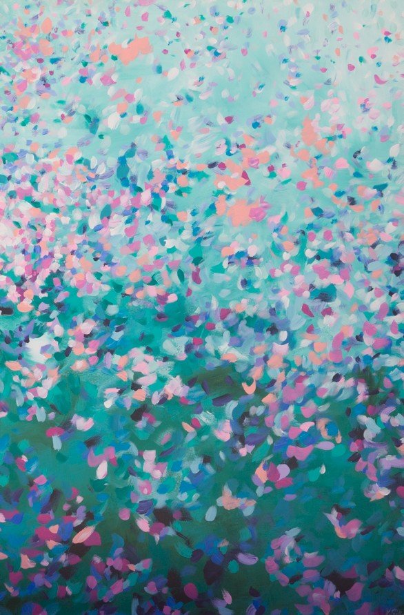 Abstract artwork with a mix of pink, blue, and purple dots on a teal background framed