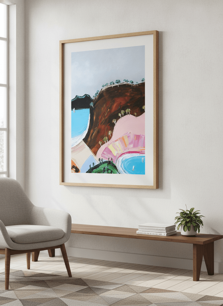 Modern wall art styled above a sofa in a neutral living room