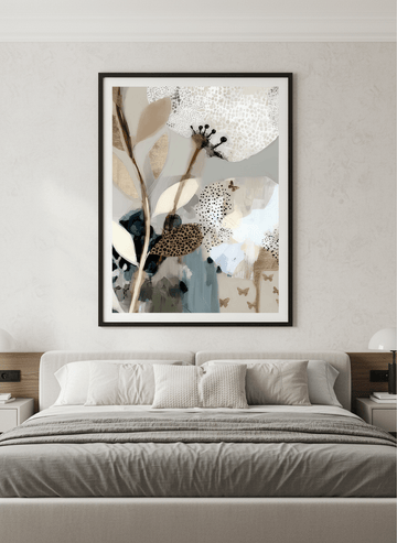 Minimalist artwork displayed in a calm, light-filled bedroom interior