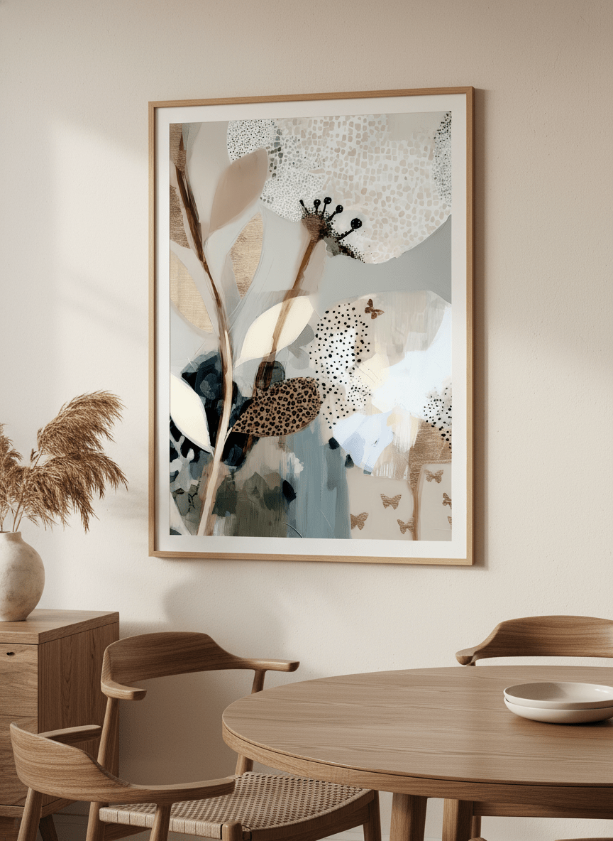 Wall art styled above a dining table in a contemporary home