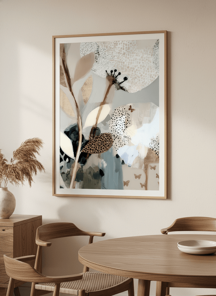 Wall art styled above a dining table in a contemporary home