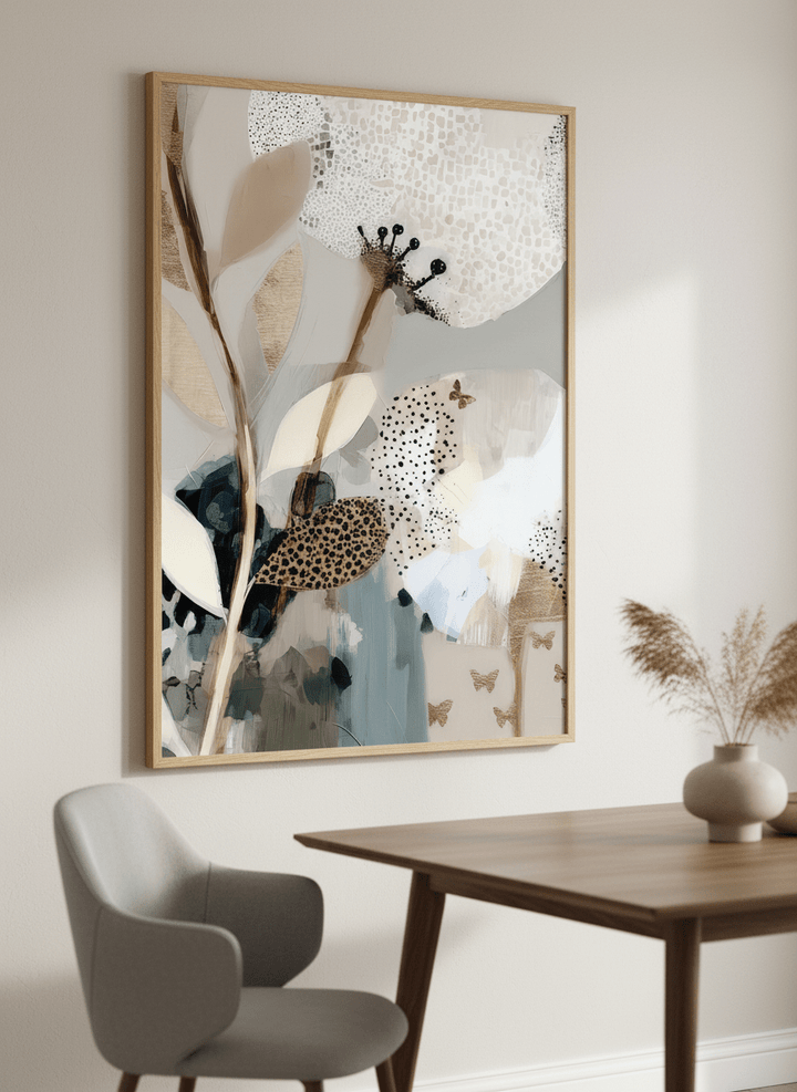 Wall art styled above a dining table in a contemporary home
