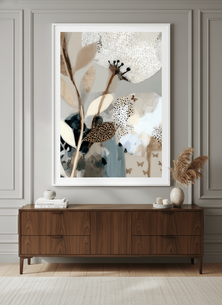 Monumental artwork centred on a feature wall in a luxe interior