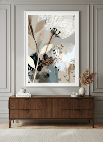 Monumental artwork centred on a feature wall in a luxe interior