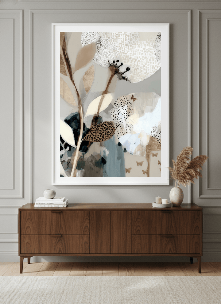 Monumental artwork centred on a feature wall in a luxe interior