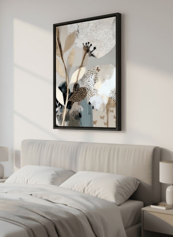 Minimalist artwork displayed in a calm, light-filled bedroom interior