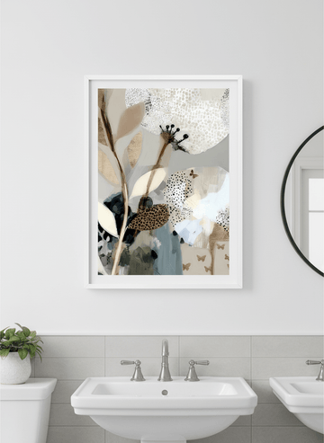 Modern print displayed in a clean minimalist bathroom setting