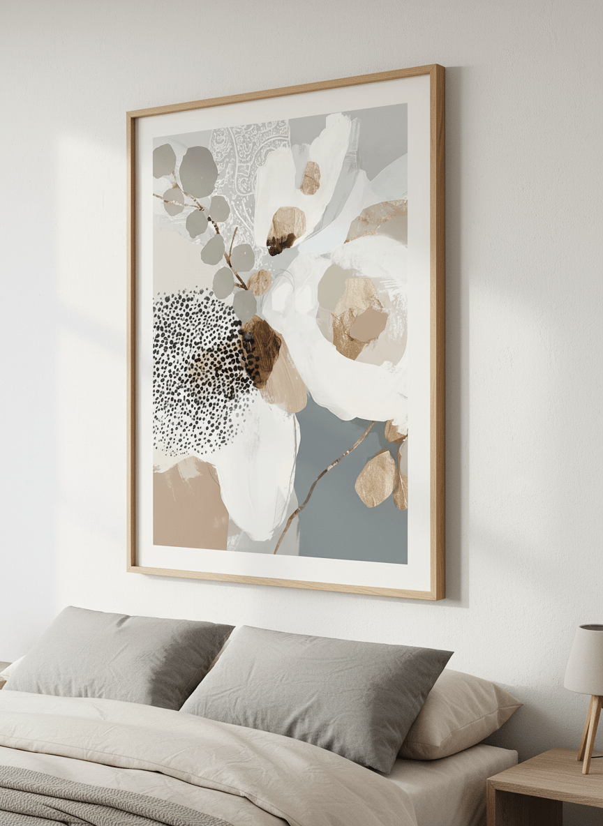 Minimalist artwork displayed in a calm, light-filled bedroom interior