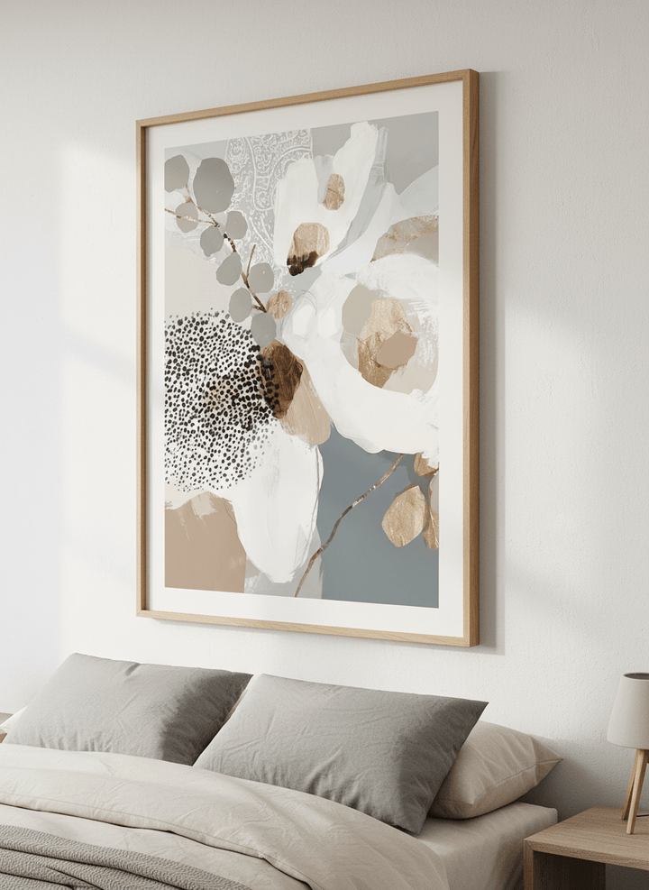 Minimalist artwork displayed in a calm, light-filled bedroom interior