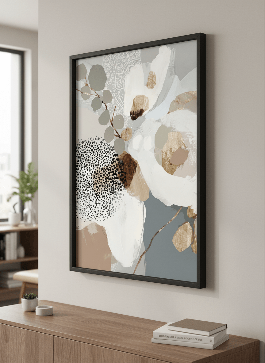 Contemporary wall art featured in a bright modern office workspace