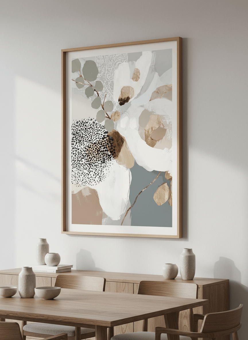 Wall art styled above a dining table in a contemporary home