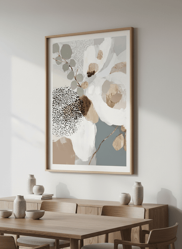 Wall art styled above a dining table in a contemporary home