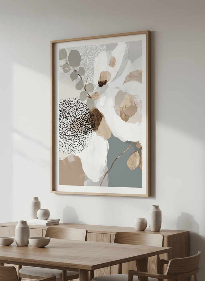 Wall art styled above a dining table in a contemporary home