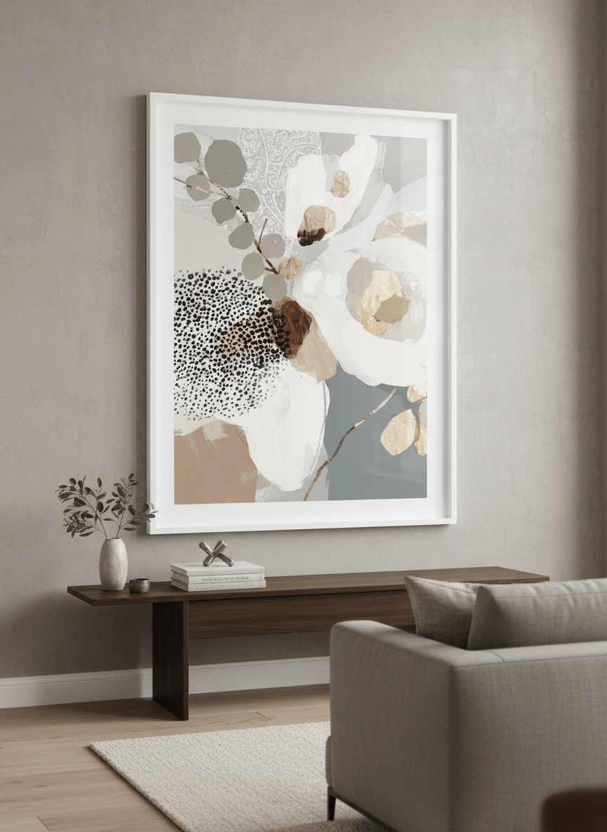 Monumental artwork centred on a feature wall in a luxe interior
