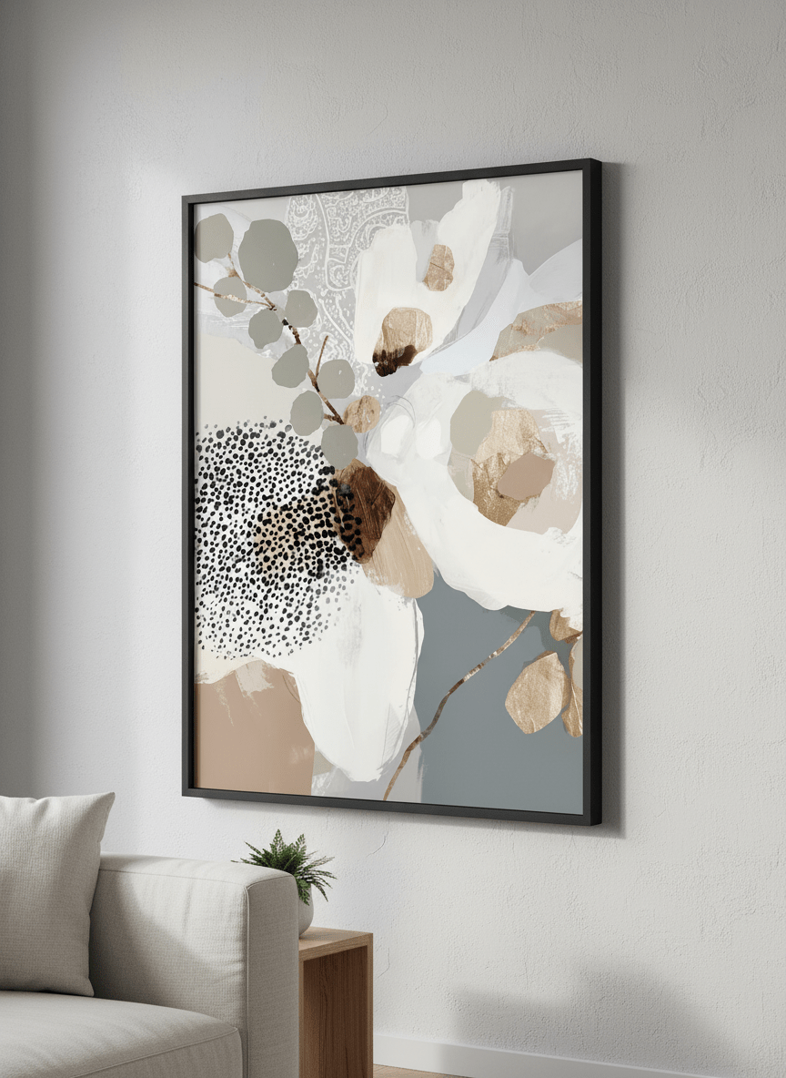 Modern wall art styled above a sofa in a neutral living room