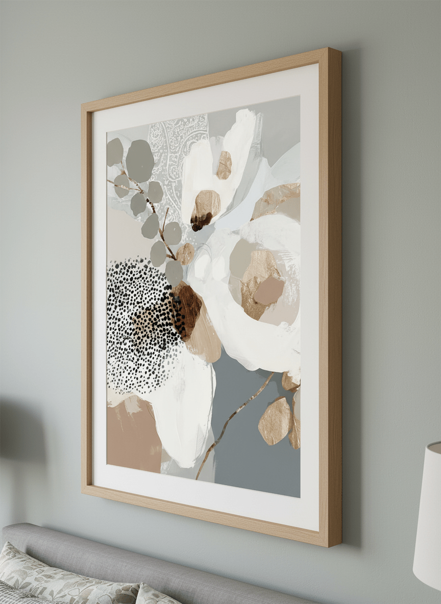 Minimalist artwork displayed in a calm, light-filled bedroom interior