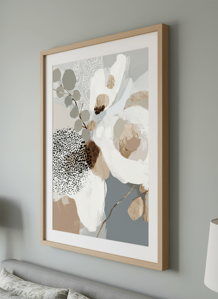 Minimalist artwork displayed in a calm, light-filled bedroom interior