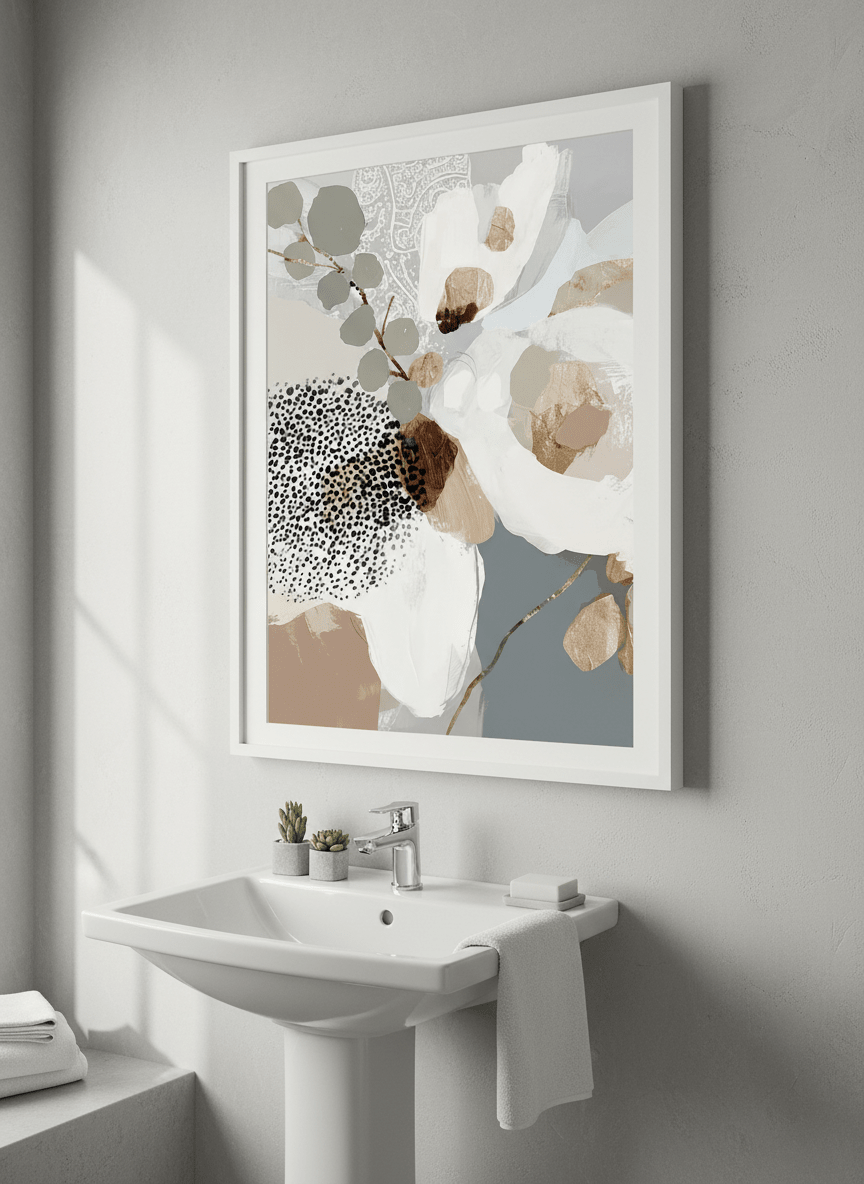 Modern print displayed in a clean minimalist bathroom setting