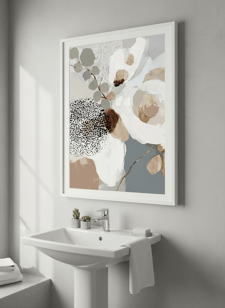 Modern print displayed in a clean minimalist bathroom setting