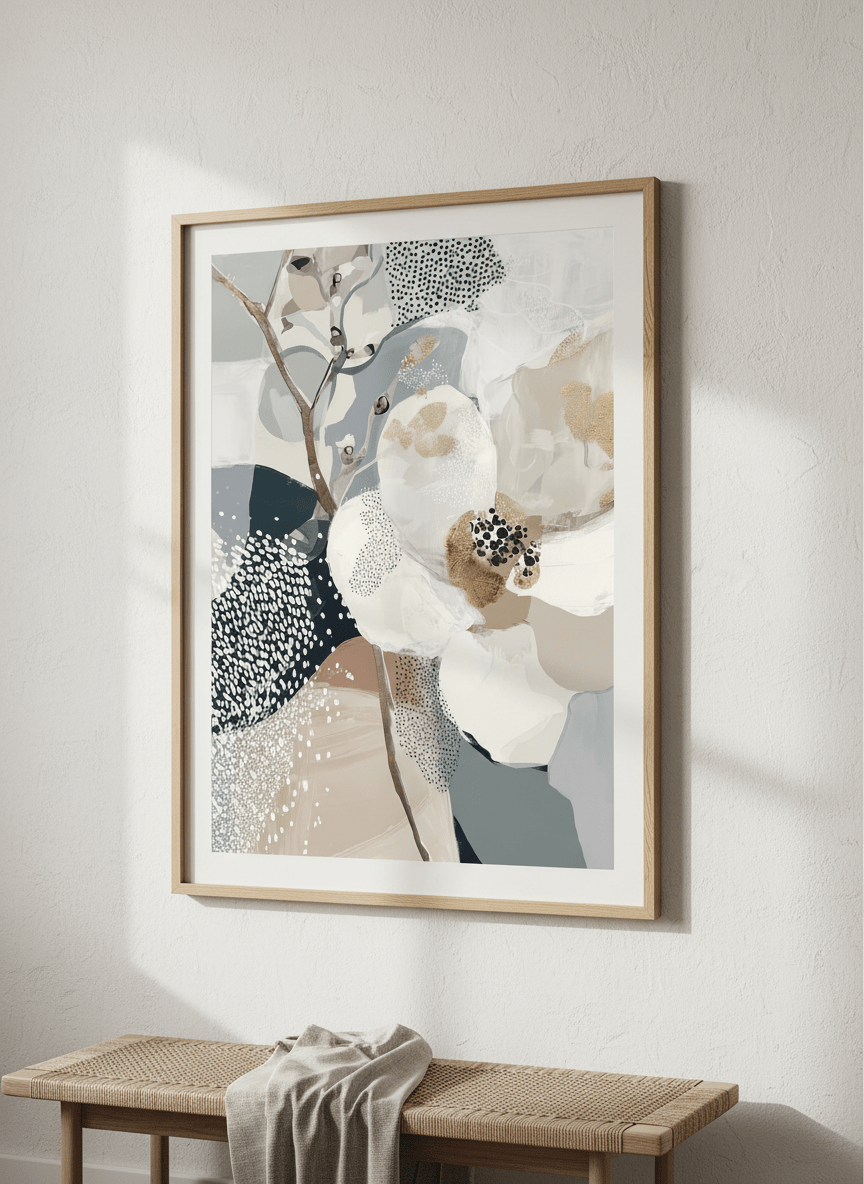 Minimalist artwork displayed in a calm, light-filled bedroom interior