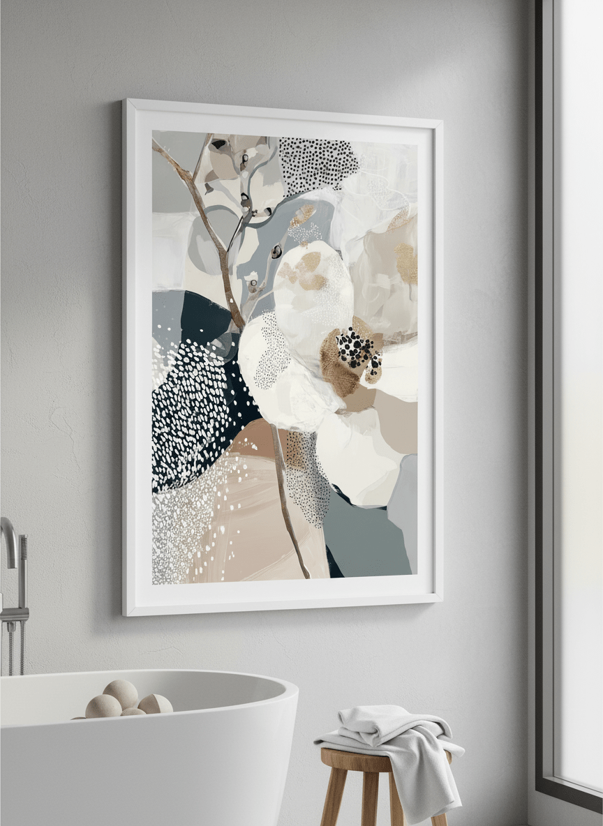 Modern print displayed in a clean minimalist bathroom setting