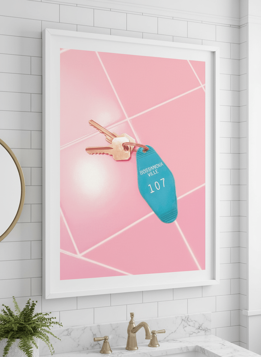 Modern print displayed in a clean minimalist bathroom setting