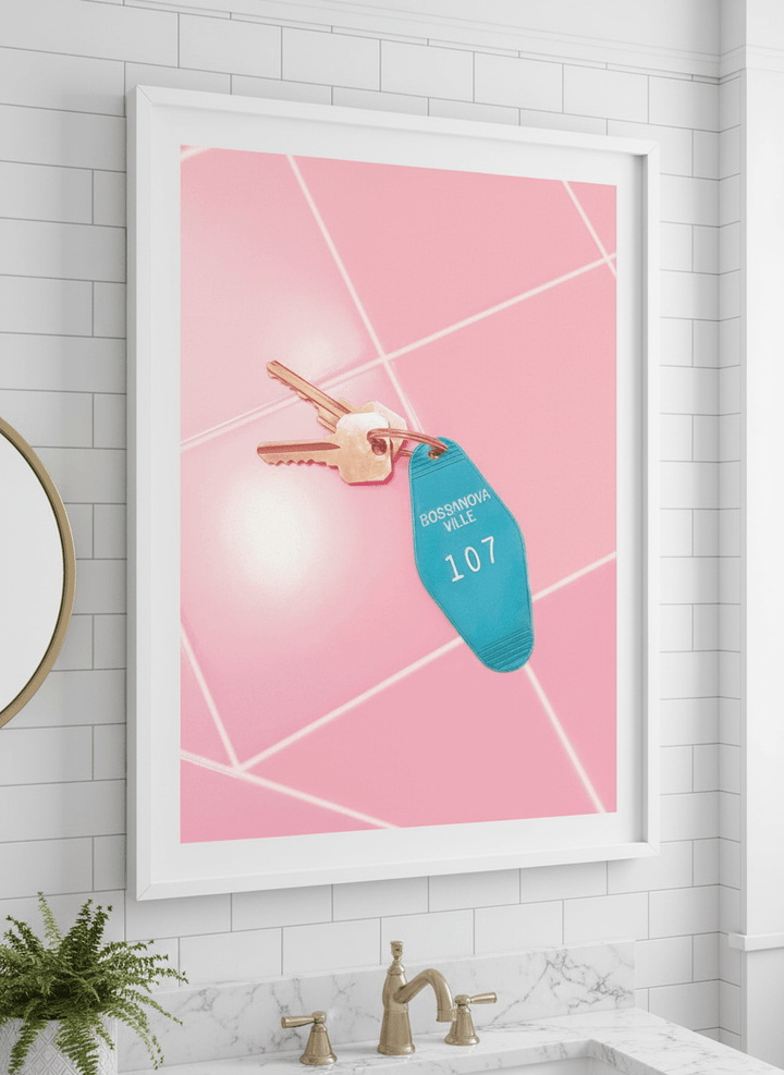 Modern print displayed in a clean minimalist bathroom setting