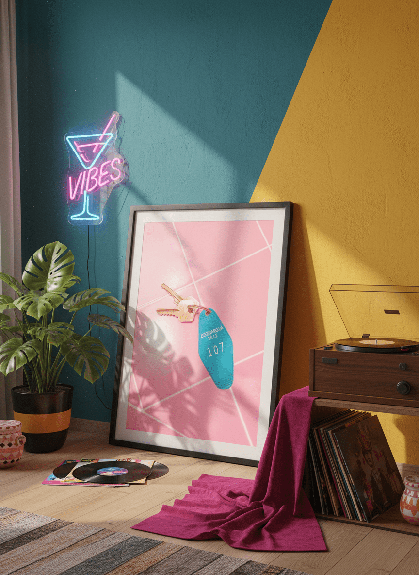 Bold wall art styled in a colourful, eclectic modern home