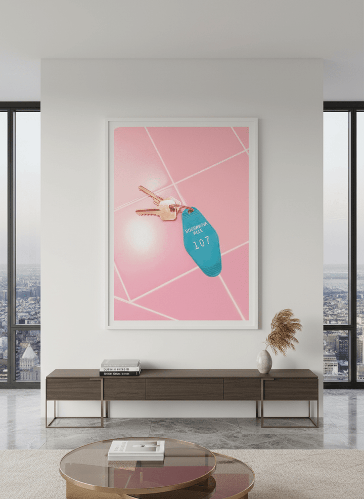 Monumental artwork centred on a feature wall in a luxe interior