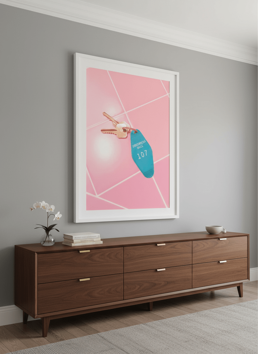 Monumental artwork centred on a feature wall in a luxe interior