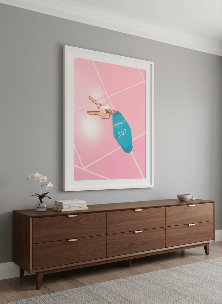 Monumental artwork centred on a feature wall in a luxe interior