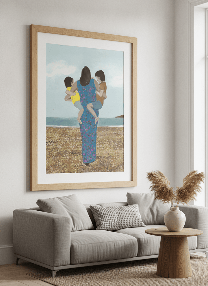 Modern wall art styled above a sofa in a neutral living room