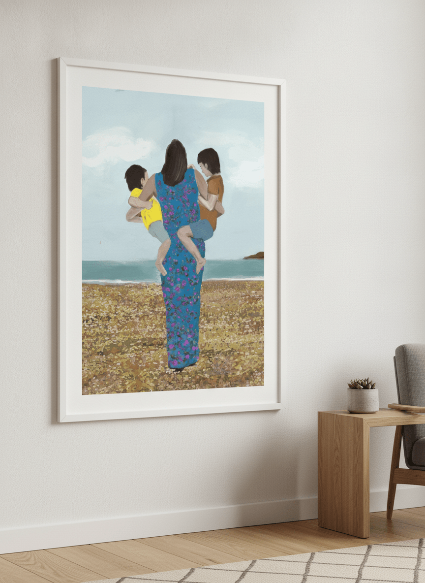 Modern wall art styled above a sofa in a neutral living room