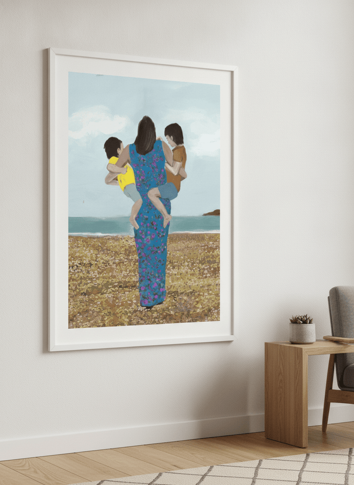 Modern wall art styled above a sofa in a neutral living room
