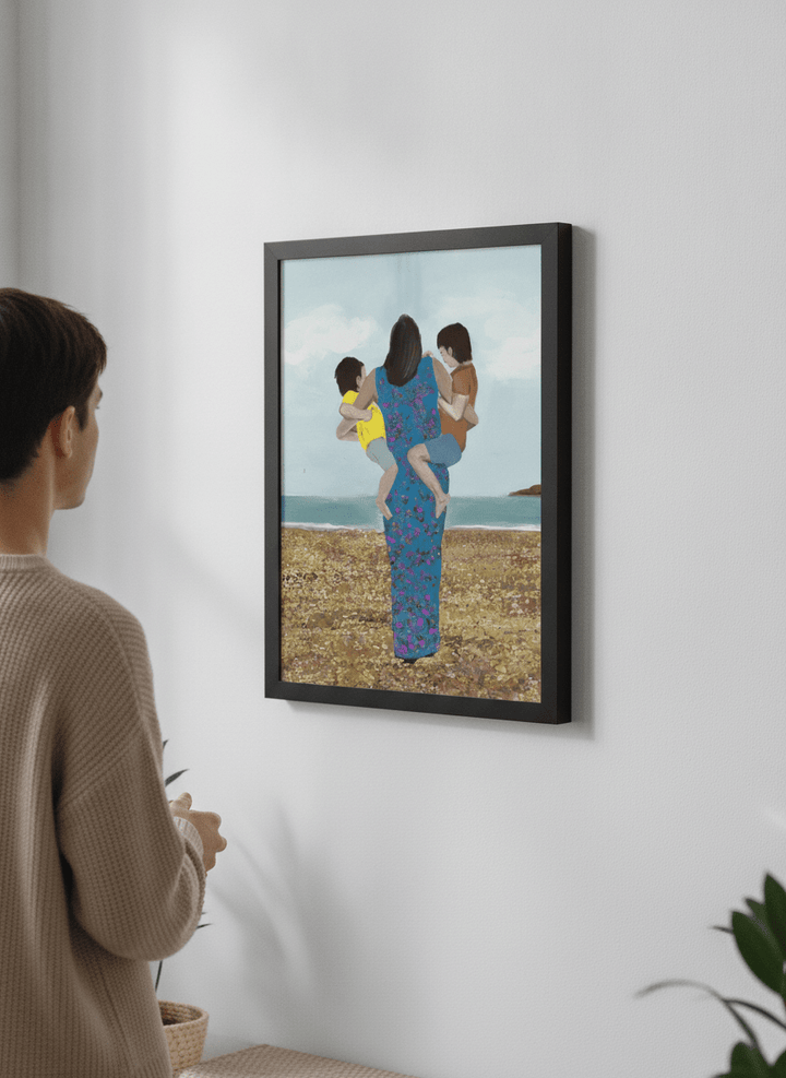 Person showcasing the artwork against a clean modern interior wall