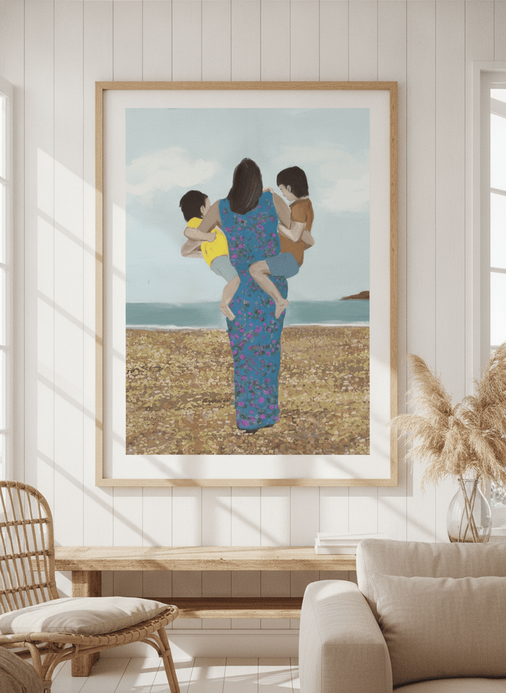 Neutral wall art displayed in a sunny coastal beach house