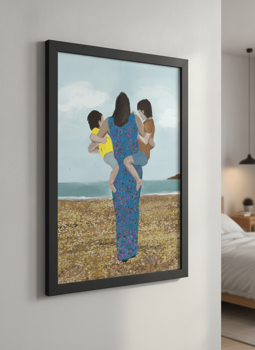 Minimalist artwork displayed in a calm, light-filled bedroom interior
