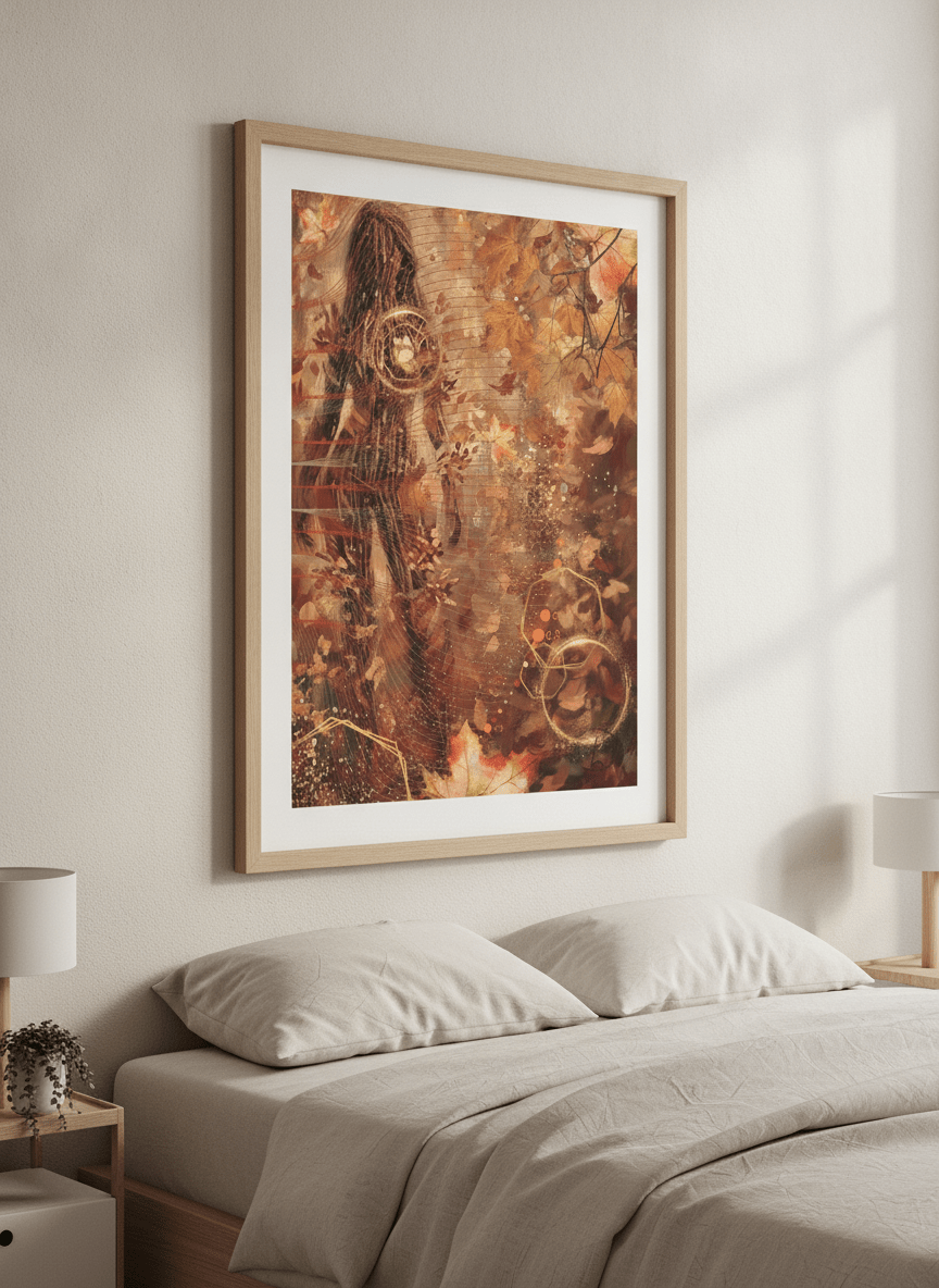 Minimalist artwork displayed in a calm, light-filled bedroom interior