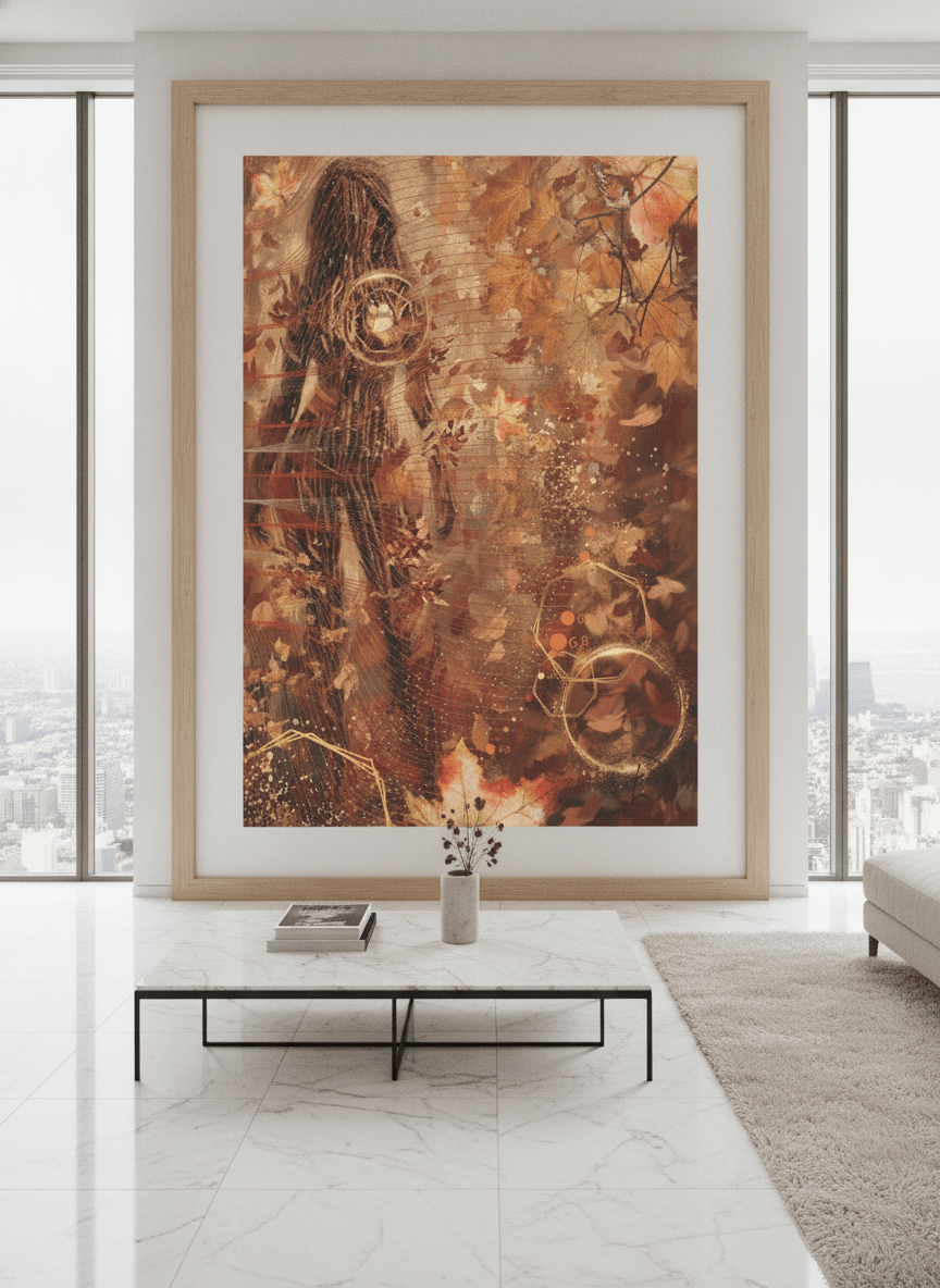 Monumental artwork centred on a feature wall in a luxe interior