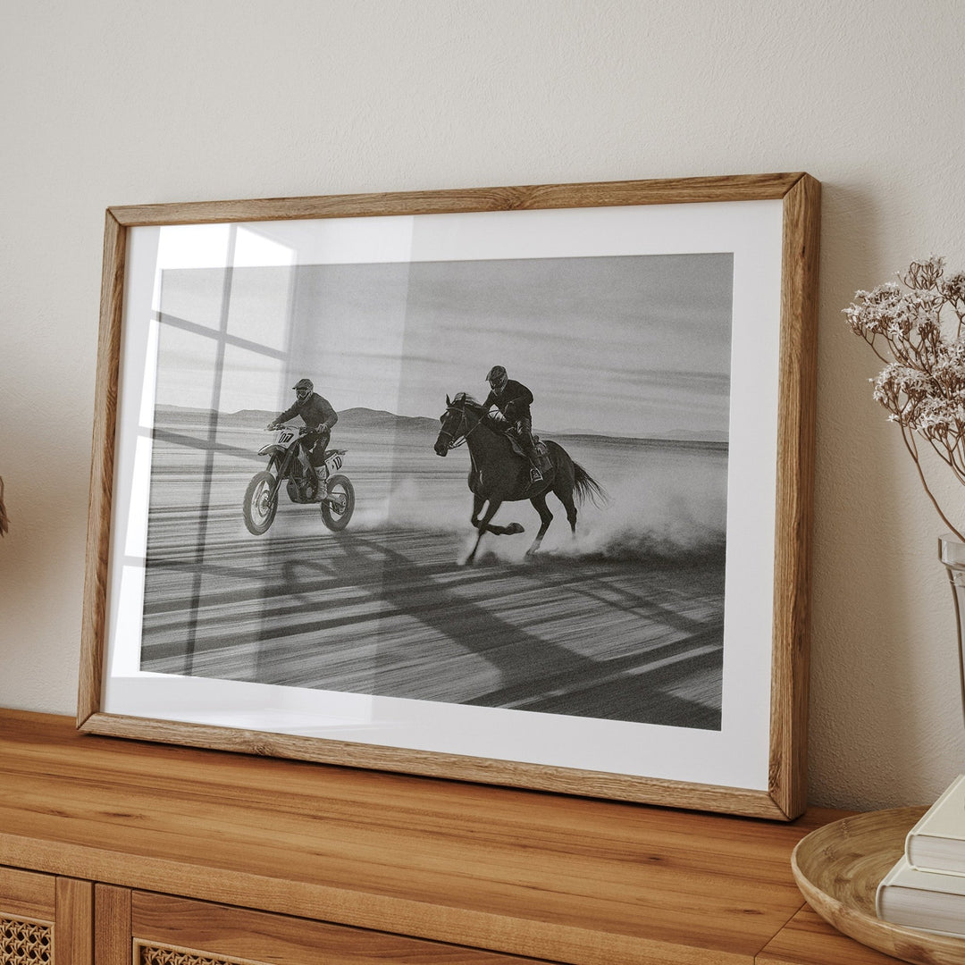Motorbike vs Horse Desert Race Photograph Print,gallery ,timber border