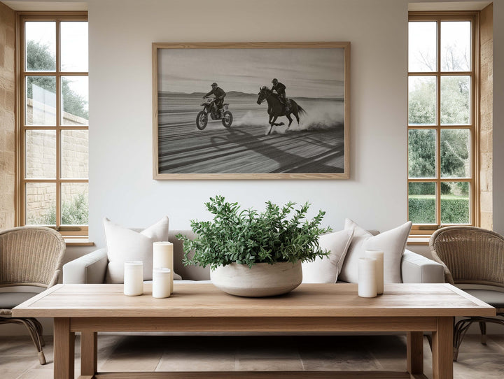 Motorbike vs Horse Desert Race Photograph Print,livingroom ,timber border